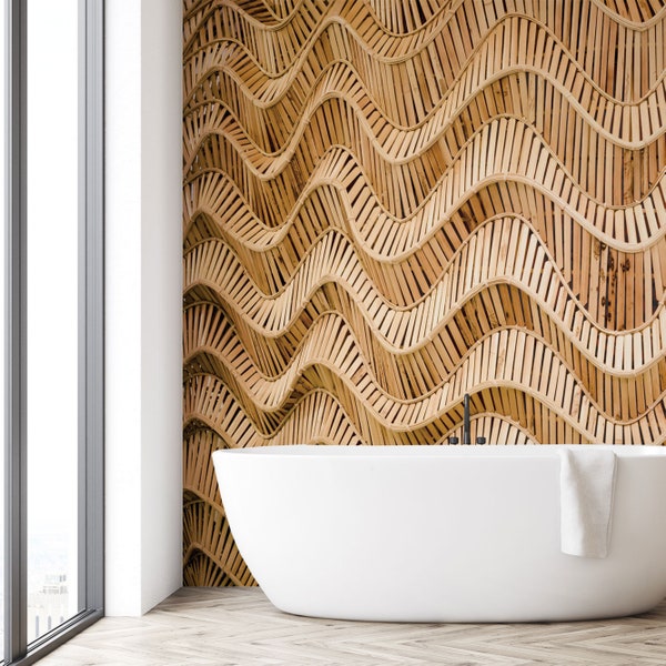 Rattan wallpaper - wood wallpaper-boho wallpaper - wavy rattan- WMS-617