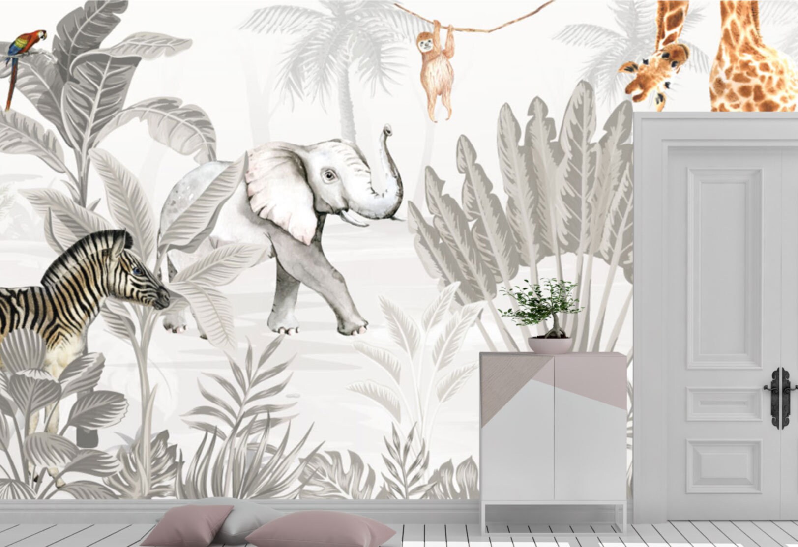 Grey tropical wallpaper jungle wallpaper nursery wallpaper Etsy