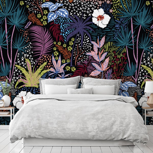 Colorful floral wallpaper -Tropical colorful wallpaper -Dark floral wallpaper -WMS-448-