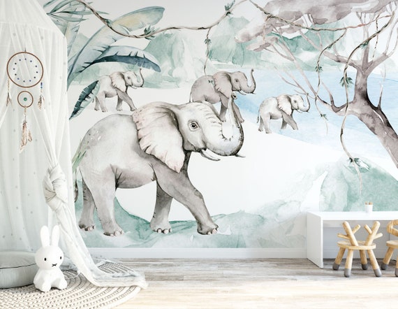 Animal Kids Wallpaper elephant Wallpaper blue Tropical - Etsy Animal Kids Wallpaper elephant Wallpaper blue Tropical - Etsy