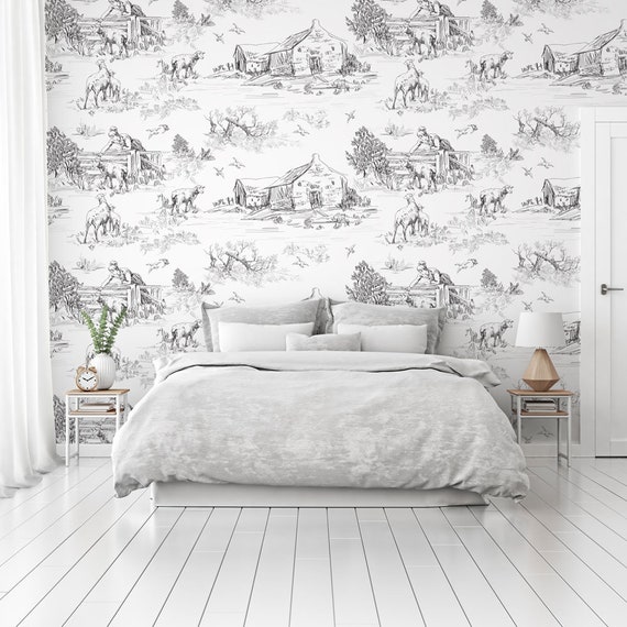 French Toile Romantic Wallpaper the Sheep Farm Black Black - Etsy French Toile Romantic Wallpaper the Sheep Farm Black Black - Etsy