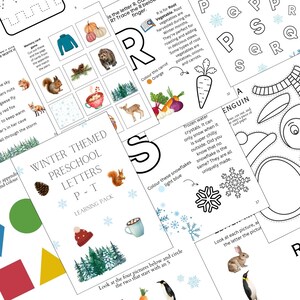 May include: A set of printable winter-themed preschool learning activities featuring the letters P, R, S, and T. The worksheets include coloring, tracing, and matching activities. The worksheets are designed to help children learn the alphabet and develop fine motor skills.
