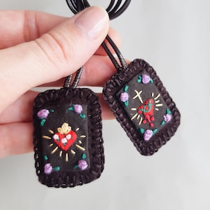 Immaculate and Sacred Heart hand embroidery brown wool Scapular