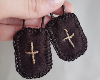 Simple brown wool Scapular - hand embroidery Scapular - Traditional catholic