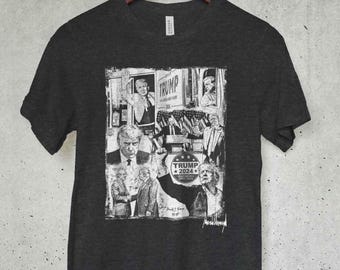 Trump 2024 Unisex Black Heather T-shirt, Black Ink Sketch, MAGA, Distressed Graphic