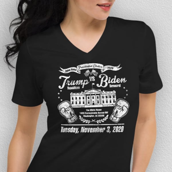 USA Election 2020, V-Neck Black Tee, Trump vs Biden, Vintage inspired Tshirt, Boxing Gloves, Whitehouse, American Flag