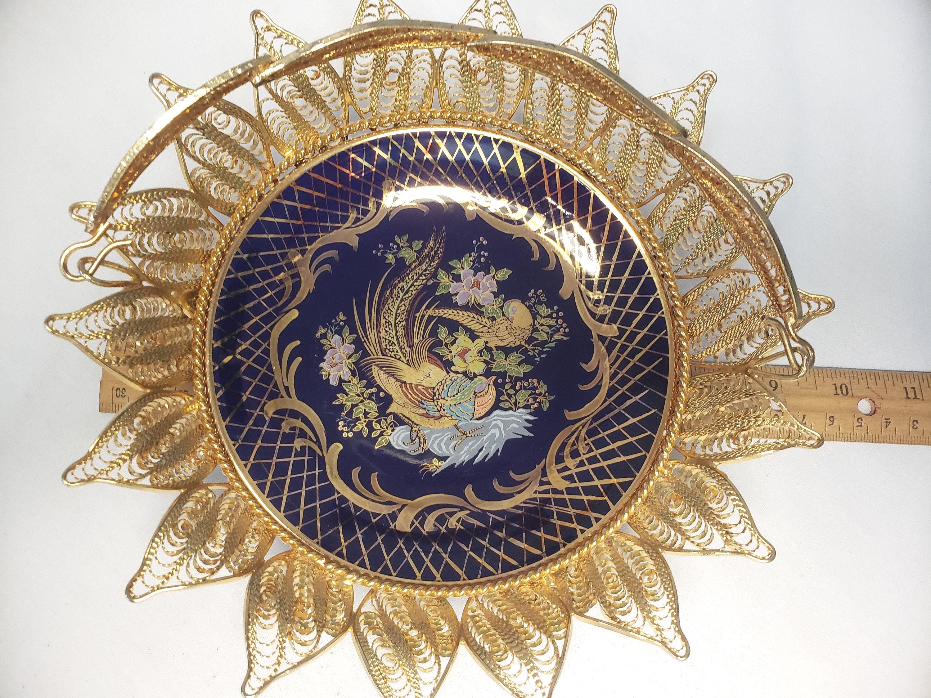 Cobalt Blue T M Seckin Limoges 24k Gold Brass Open Filigree Handle