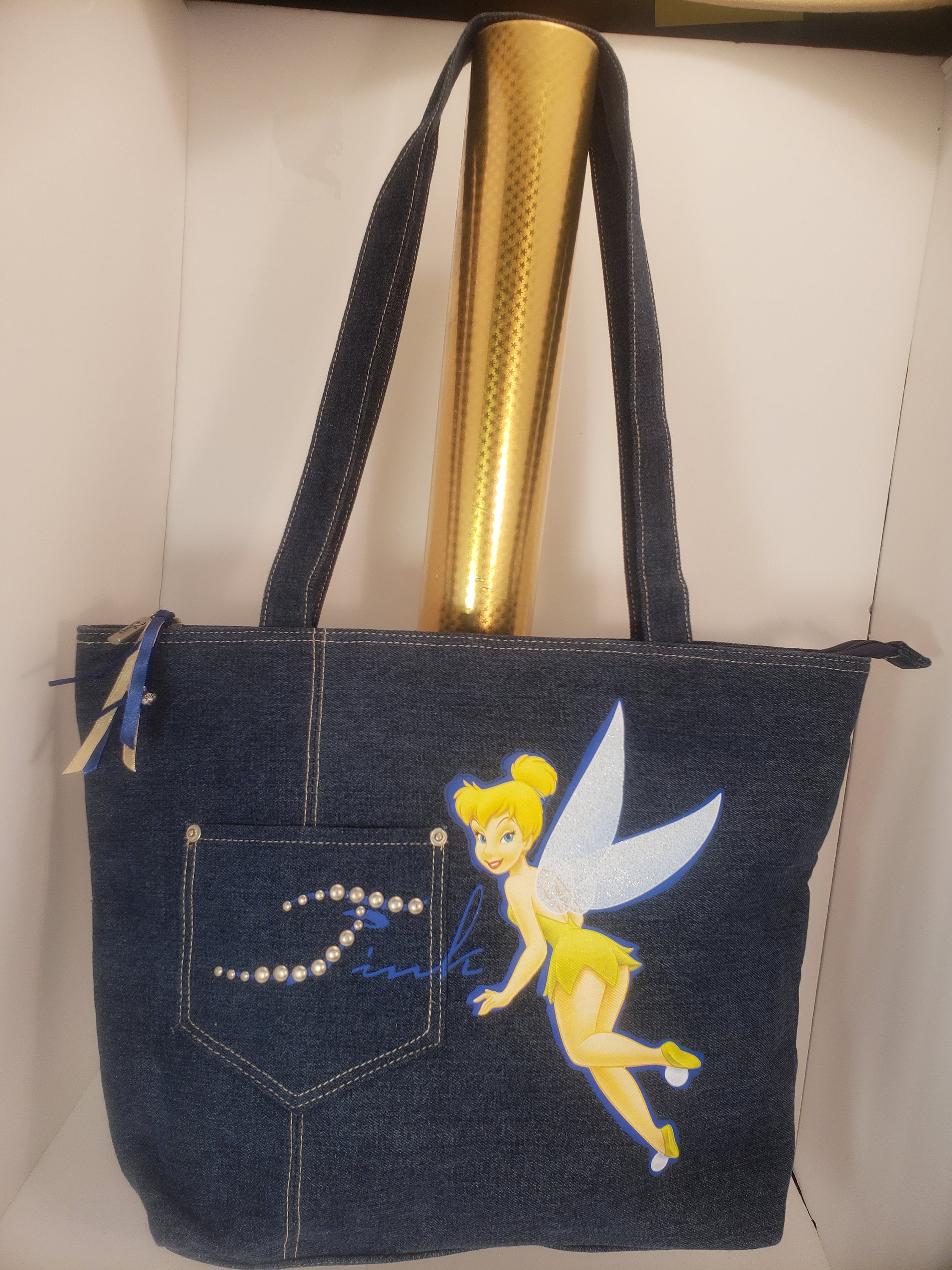 NEW Disney Tink Tinker Bell BLUE Demin Canvas Zippered Tote 