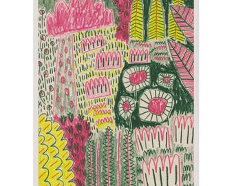 Lámina tamaño A5, «Arbusto denso», ilustración abstracta de paisaje floral impresa en papel reciclado.