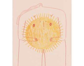 A4 print, 'Naked Sun', pencil illustration of woman holding sun, tree-free paper