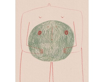 A4 print, 'Cycles, Big Moon', pencil illustration of woman holding moon, tree-free paper