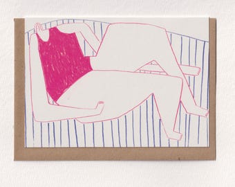 Tarjeta de felicitación A6, 'Siesta', ilustración de un nadador salvaje hecha a lápiz de color