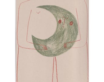 Lámina tamaño A4, «Ciclos, Creciente», ilustración a lápiz de una mujer sosteniendo la luna, papel sin celulosa de árboles.