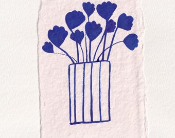 Dibujo floral a tinta sobre papel de algodón 100% reciclado hecho a mano.