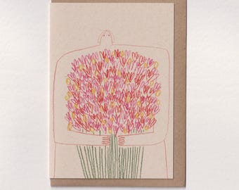 Tarjeta A6, 'aquí tienes', floral, tarjeta de cumpleaños, dibujo a lápiz