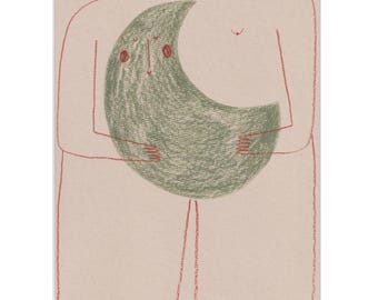 Lámina tamaño A4, «Ciclos menguantes», ilustración a lápiz de una mujer sosteniendo la luna, papel ecológico.