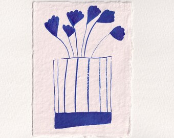 Dibujo floral a tinta sobre papel de algodón 100% reciclado hecho a mano, 'Flor con volantes'.
