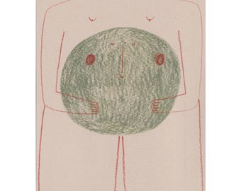 Lámina tamaño A4, «Ciclos, Luna Grande», ilustración a lápiz de una mujer sosteniendo la luna, papel sin celulosa de árboles.