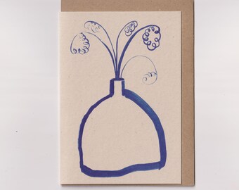 Tarjeta A6, flores azules, tarjeta de cumpleaños, dibujo a tinta