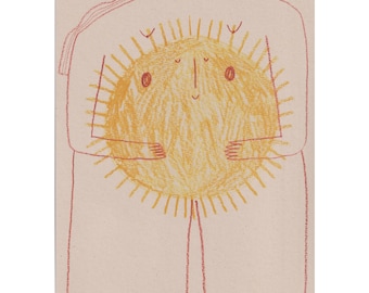 Lámina tamaño A4, «Sol desnudo», ilustración a lápiz de una mujer sosteniendo un sol, papel sin celulosa de árboles.