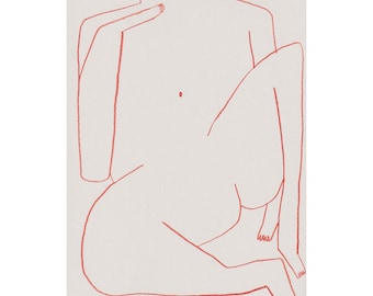 Impresión minimalista de dibujo de figura A5 - Arte lineal naranja sobre papel reciclado