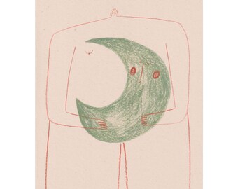 A4 print, 'Cycles, Waxing', pencil illustration of woman holding moon, tree-free paper