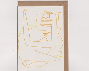 Tarjeta de felicitación A6, "Post Swim", ilustración de un nadador salvaje hecha a lápiz de color.