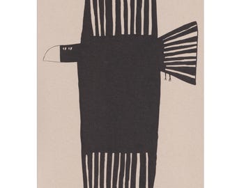 Lámina tamaño A4, «Alas», ilustración a tinta de un pájaro gruñón.