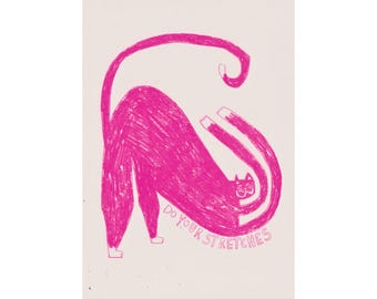 A5 print, 'Do your stretches', cat illustration printed on recycled paper