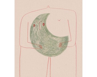 A4 print, 'Cycles, Waning', pencil illustration of woman holding moon, tree-free paper