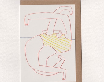 Tarjeta de felicitación A6, «Quick Dip», ilustración de un nadador salvaje hecha a lápiz de color.