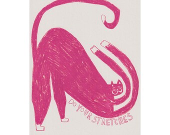 Lámina A5, 'Haz tus estiramientos', ilustración de gato impresa en papel reciclado