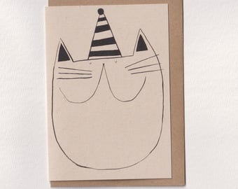 Tarjeta A6, gato con gorro de fiesta, tarjeta de cumpleaños, dibujo a tinta