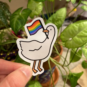 White Cute Goose with Pride Flag Matte Waterproof Sticker - LGBTQ Stickers - Pride Stickers - Goose Game