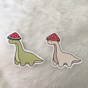 Cute Brontosaurus Dinosaurs Wearing Hats Matte Stickers Cottagecore Mushroom Watermelon Sticker Laptop Hydroflask Water Bottle Dino image 1