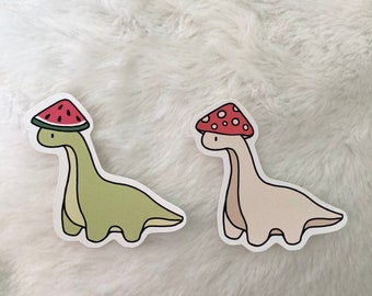 Cute Brontosaurus Dinosaurs Wearing Hats Matte Stickers - Cottagecore Mushroom - Watermelon Sticker - Laptop Hydroflask Water Bottle Dino