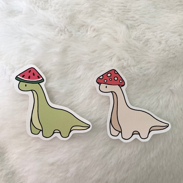 Cute Brontosaurus Dinosaurs Wearing Hats Matte Stickers - Cottagecore Mushroom - Watermelon Sticker - Laptop Hydroflask Water Bottle Dino