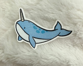 Kawaii Blue Narwhal Matte Sticker - Baby Narwhal - Cute Narwhal - Animal Sticker - Cute Sticker