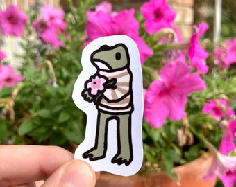 Mini Frog in a Sweater with Flower - Kawaii Frog Sticker - Water Bottle Hydroflask Matte Sticker