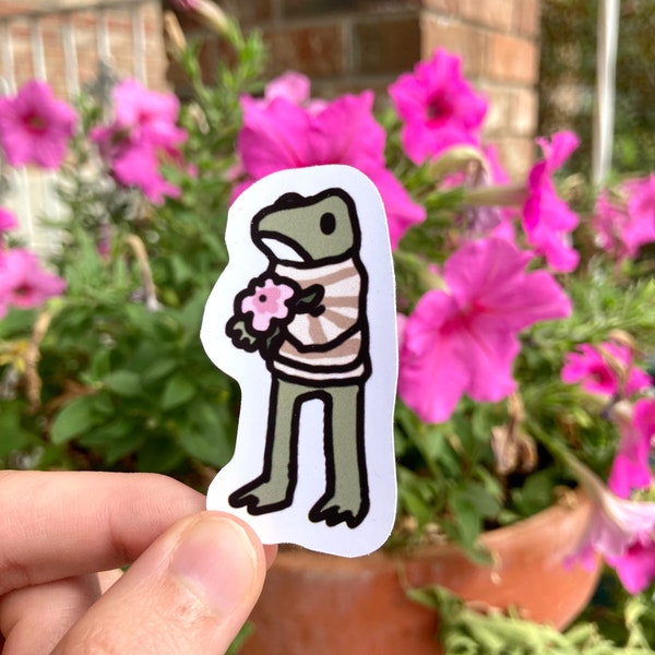 Mini Frog in a Sweater with Flower - Kawaii Frog Sticker - Water Bottle Hydroflask Matte Sticker