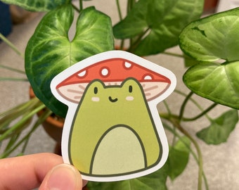 Mushroom Hat Frog Adorable Cute Cottagecore Sticker - Water Bottle Hydroflask Laptop Sticker