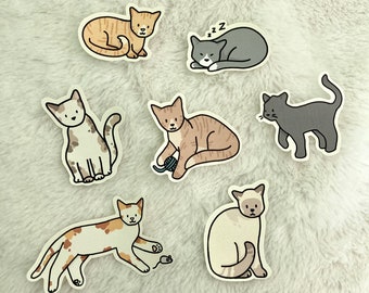 Adorable Cat and Kitten Matte Sticker Pack - Seven Cat Stickers - Kawaii Animal Stickers - Laptop Stickers