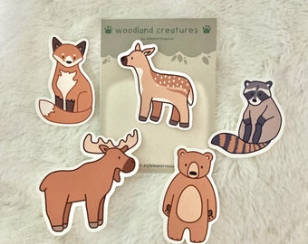 Woodland Creatures Matte Sticker Pack - Moose, Deer, Bear, Fox, Raccoon Kawaii Cute Cottagecore Stickers