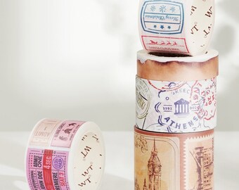 Washi Paper Tape 3 Rolls Pack/Old School Vintage Stamps Map Journal Planner Accessories Scrapbook DIY Pattern Design/Wrapping/Crafting