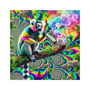 Puede incluir: Un lémur de colores vibrantes está sentado en una rama de árbol cubierta de musgo, sosteniendo un cigarrillo encendido. El fondo presenta un patrón psicodélico arremolinado en tonos neón, con hojas de cannabis verdes y humo colorido.