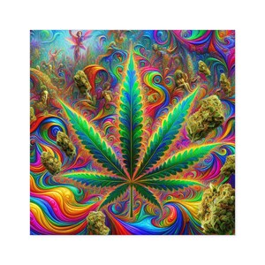 May include: A central green cannabis leaf graphic set against a vibrant, swirling psychedelic background of neon colors. Several textured, light green cannabis flower buds are scattered throughout the composition, blending into the colorful patterns.