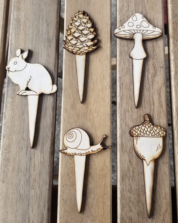 Wood, Plant Stakes, Garden Markers, Cake Toppers, Garden Tags, Rabbit, Mushroom, Wedding Topper, Cake Decorations