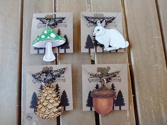 Wood, Mushroom, Animal, Acorn, Rabbit, Pinecone, Painted, Necklace, Jewelry