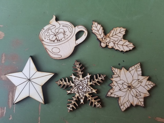 Wood, Christmas, Ornaments, Snowflake, Star, Holly