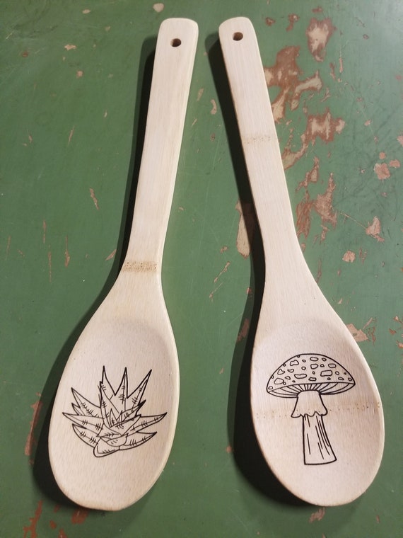 Wood, Spoon, Mushroom, Fern, Laser Cut, Laser Engraved, Wedding Shower Favors